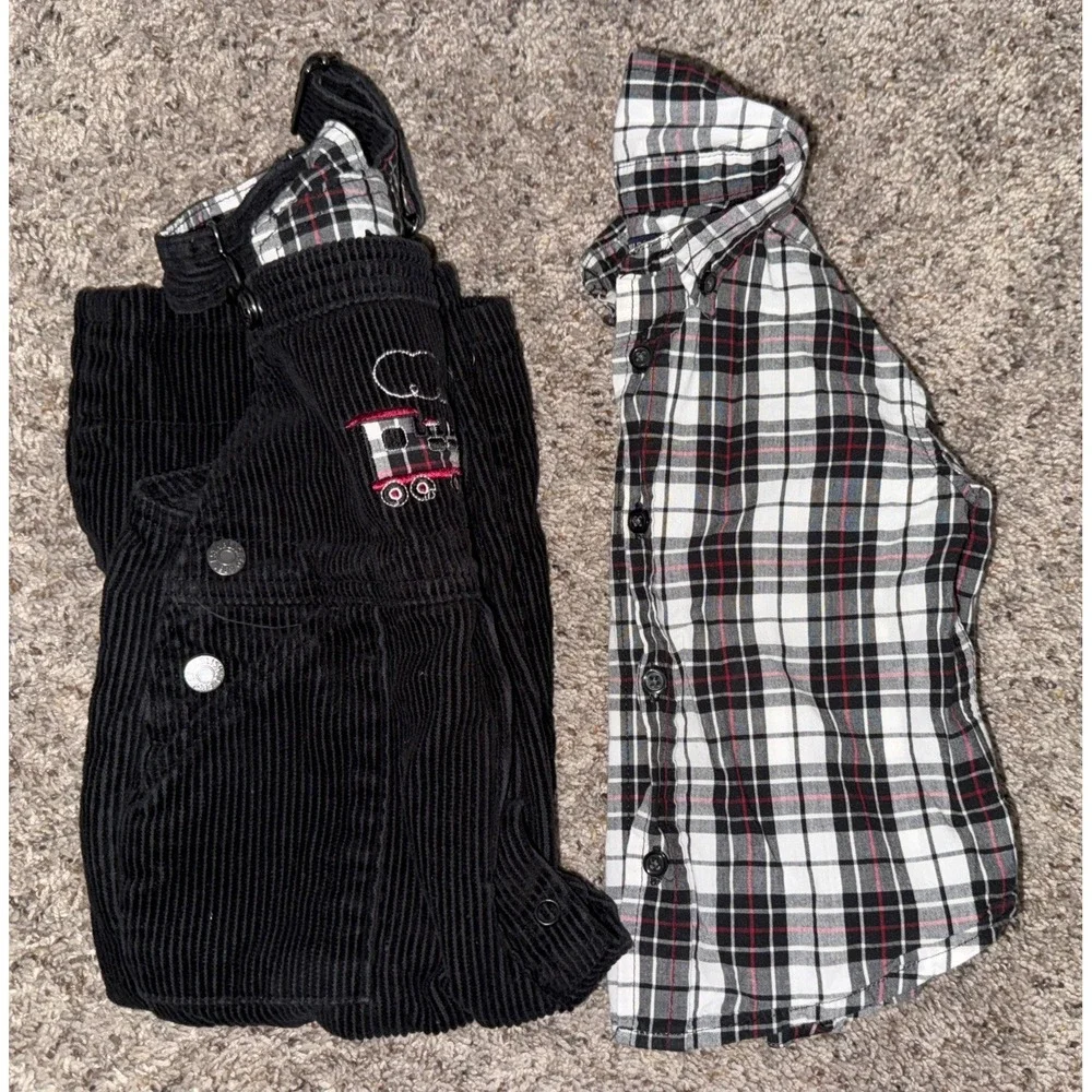 VTG Black Corduroy Bib 18M Overalls Plaid Shirt 12M Children's‎ Place Train 2003
